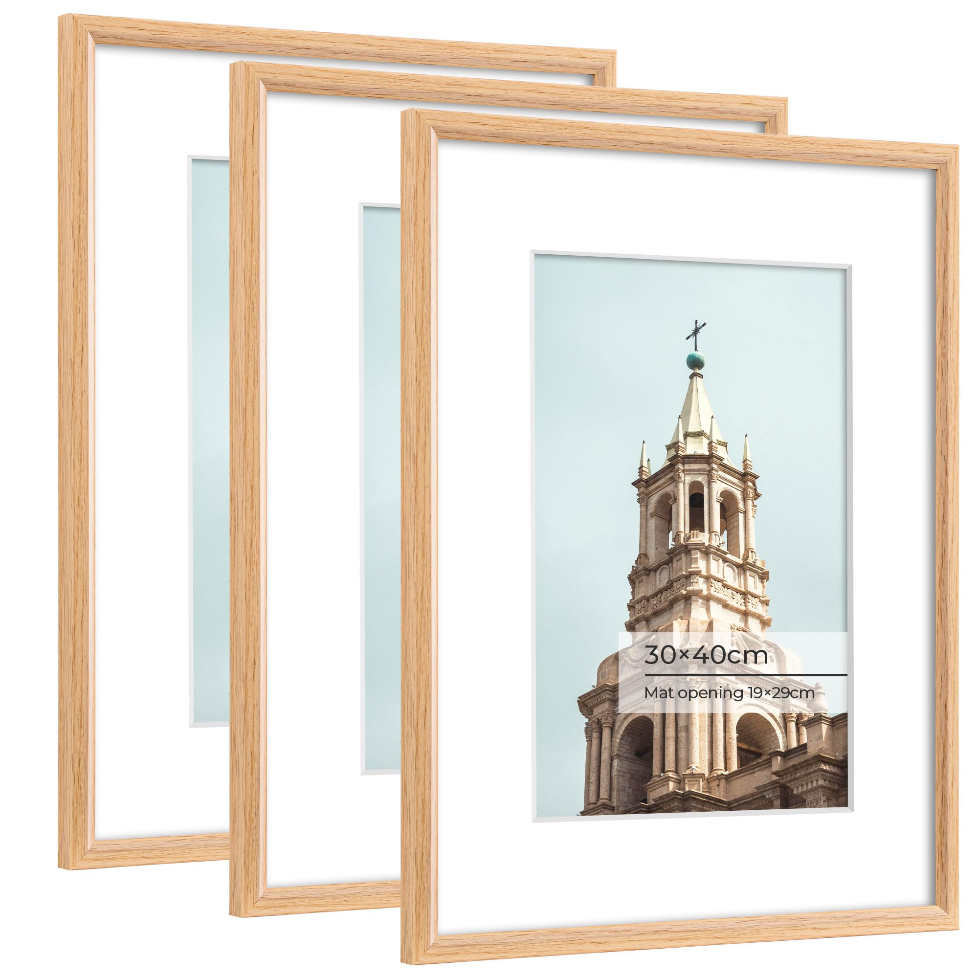 30x40cm Picture Frame, Display Pictures 19x29cm with Mat or 30x40cm Without Mat, Wall and Tabletop Display Photo Frame, Natural Woodgrain, 3 Packs