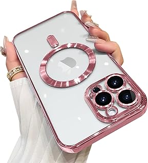 جراب موبايل مصمم لآيفون 12 برو ماكس (6.1 بوصة) مع واقي عدسة الكاميرا (متوافق مع ماج سيف)، جراب موبايل رفيع مضاد للخدش والصدمات مطلي بالكهرباء للنساء والرجال - وردي من اووك