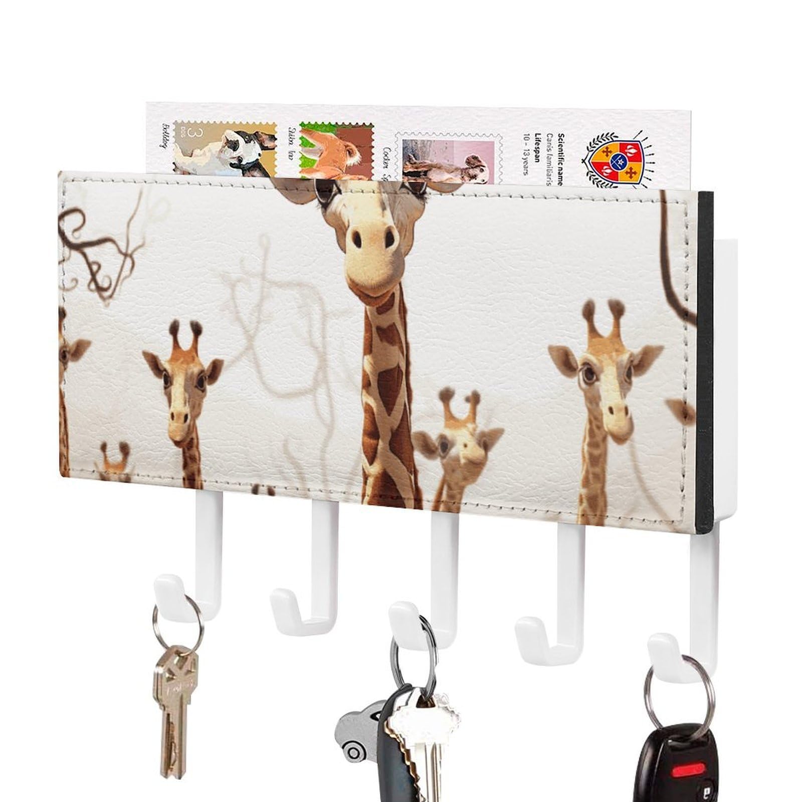 DWVTSLH Cute Cartoon Funny Giraffes Key Holder for Wall, Decorative Key Hooks with Mail Organizer & 5 Hooks, Self Adhesive Leather Key Hanger for Entryway, Wall Mounted Key Rack (7.1” X 4.3” X 0.9”)