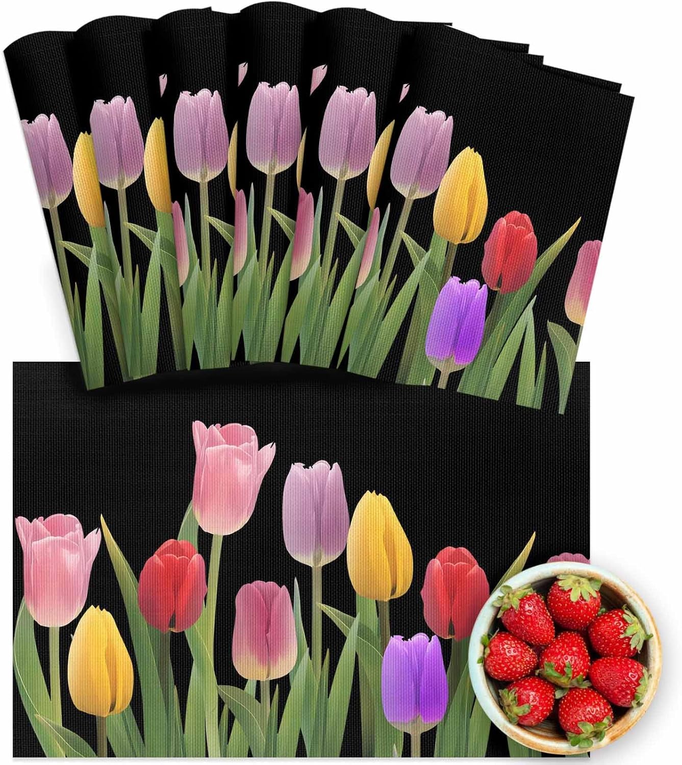 Black Placemats for Dining Table Set of 6, Washable PVC Table Place Mats, Spring Tulip Floral Colored Flower Woven Vinyl Plastic Placemat, Kitchen Dinner Table Placemats Holiday Décor Easy to Clean