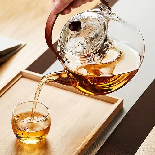 Miniatura 5 de 40oz Glass Teapot with Anti-Drip Spout, Peach Wood Handle and Lid, Heat-Resistant Borosilicate Glass, Dual Infusers for Steaming and Boiling