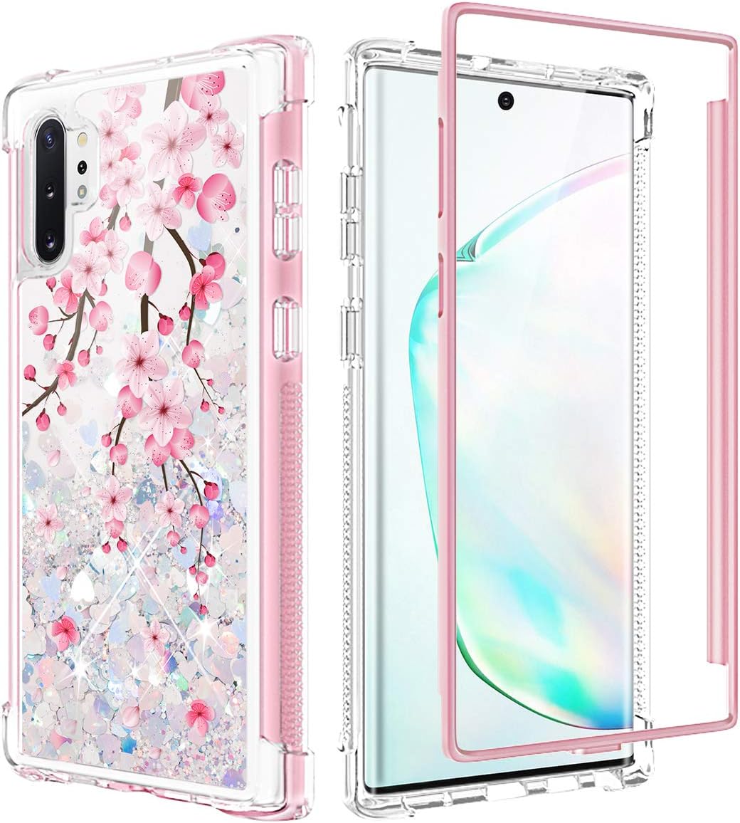 Caka Glitter Case for Galaxy Note 10 Plus 5G Case Flower Blossom Girly Girls Women Full Body Protective Bling Shiny Heavy Duty Liquid Flowing Case for Samsung Galaxy Note 10+ Plus 5G (Cherry)