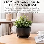 MyGift 7 Inch Round Matte Black Ceramic Plant Pot with Drainage Hole and Attached Saucer, Modern Decorative Embossed Sunburst Planter Container for Indoor Home Garden