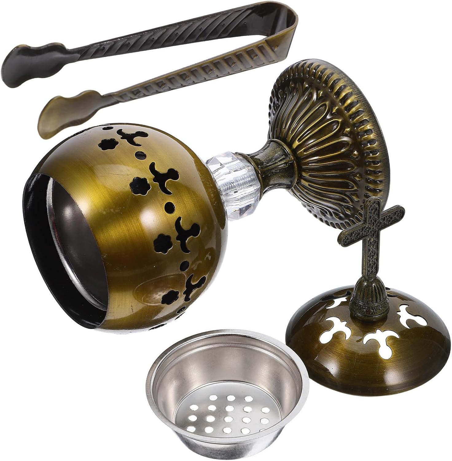 Traditional Metal Incense Burner with Tongs, Antique Charcoal Censer and Ash Catcher, Vintage Scent Stick Holder for Meditation, Yoga, Church, and Home Color