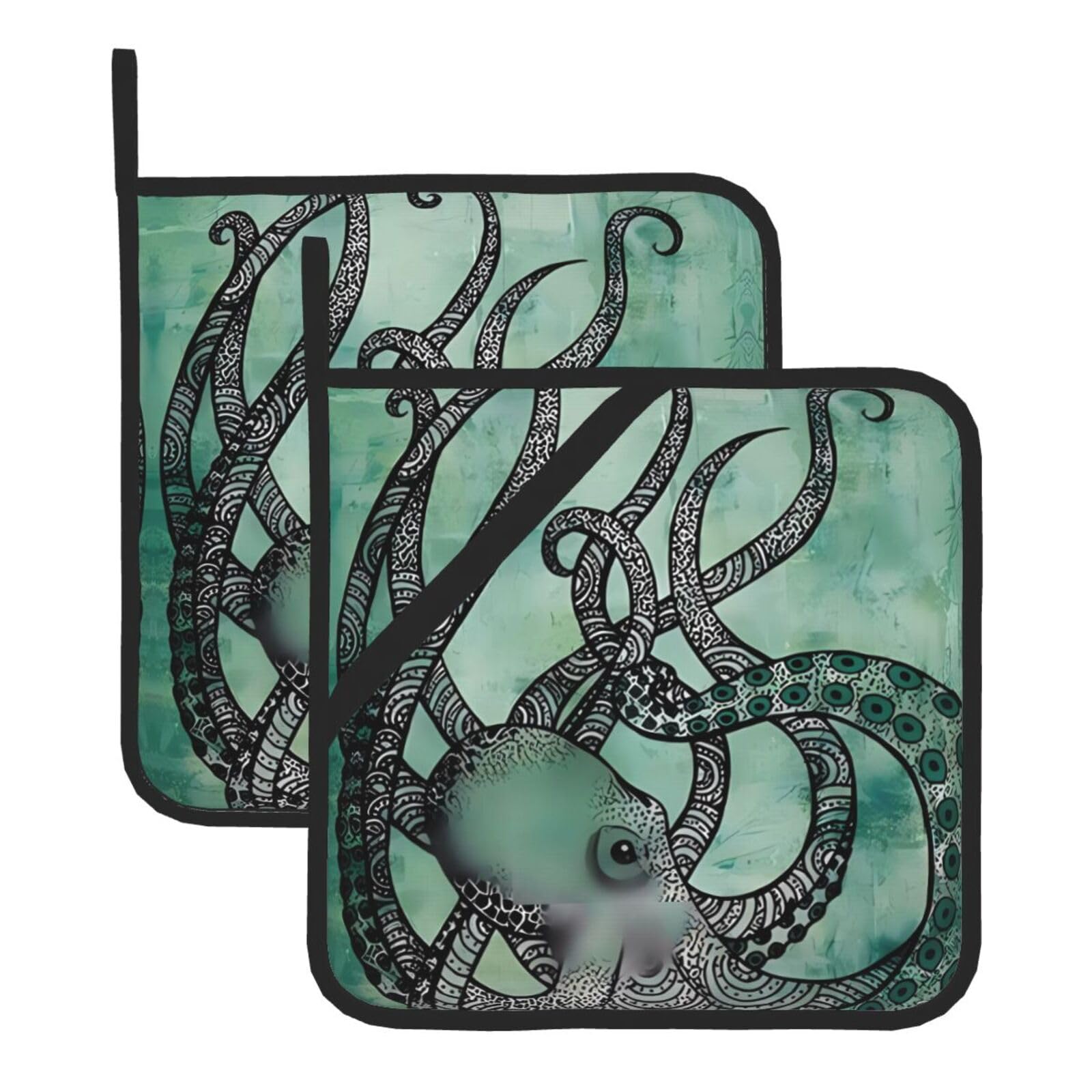 WHJSSF Green Octopus Prints Square Pot Holders - Heat Resistant Kitchen Trivets 2-Pack - Waterproof Covers for Hot Dishes, Oven & Grill with Hanging Loop