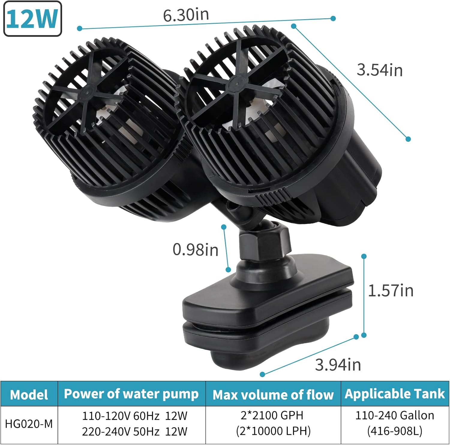 hygger 4200GPH Double Head Aquarium Circulation Pump, Quiet 12W Aquarium Wave Maker, with Strong Magnetic Suction Base, 360°Adjustable Power Head, for 110~240 Gal Tank