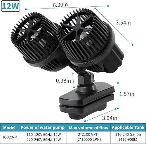 Miniatura 6 de hygger Bomba de circulación de acuario de doble cabezal de 4200 GPH, silenciosa máquina de ondas de acuario de 12 W, con fuerte base de succión