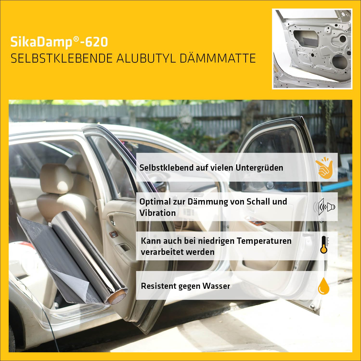 SIKA - Alubutyl Antidröhnmatte Selbstklebend - SikaDamp-620 - 2,5m² | Schalldämmung und Vibrationsdämmung fürs Auto - Für Türen, Unterboden und Camper - 1,8mm stark - 50 cm x 5 m = 2,5 m²