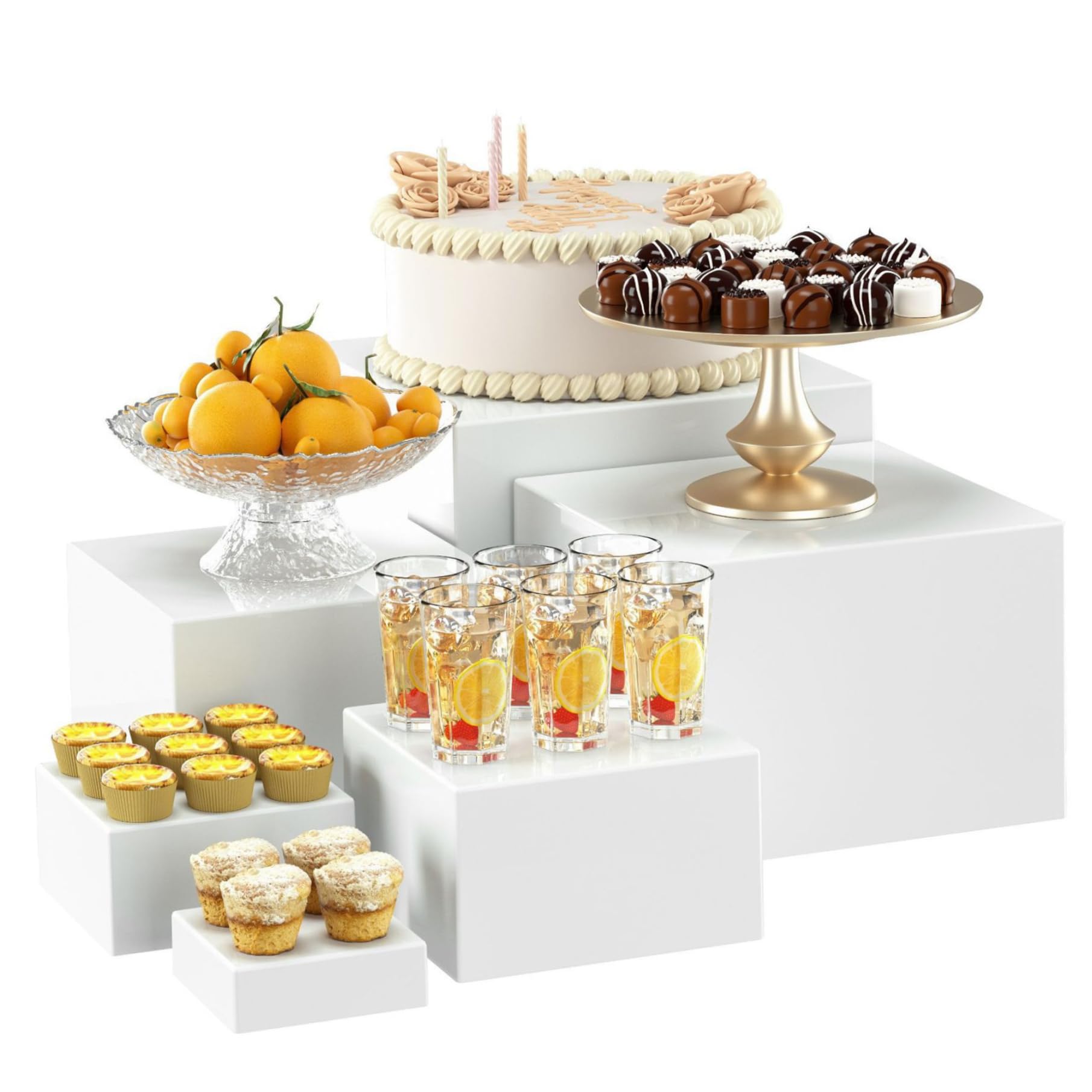 6 pezzi/set di riser a buffet, riser alimentari acrilici bianchi per tavolo a buffet, display da tavolo da dessert per alimenti riutilizzabili set per la catering di gioielli da dessert, 6 dimensioni