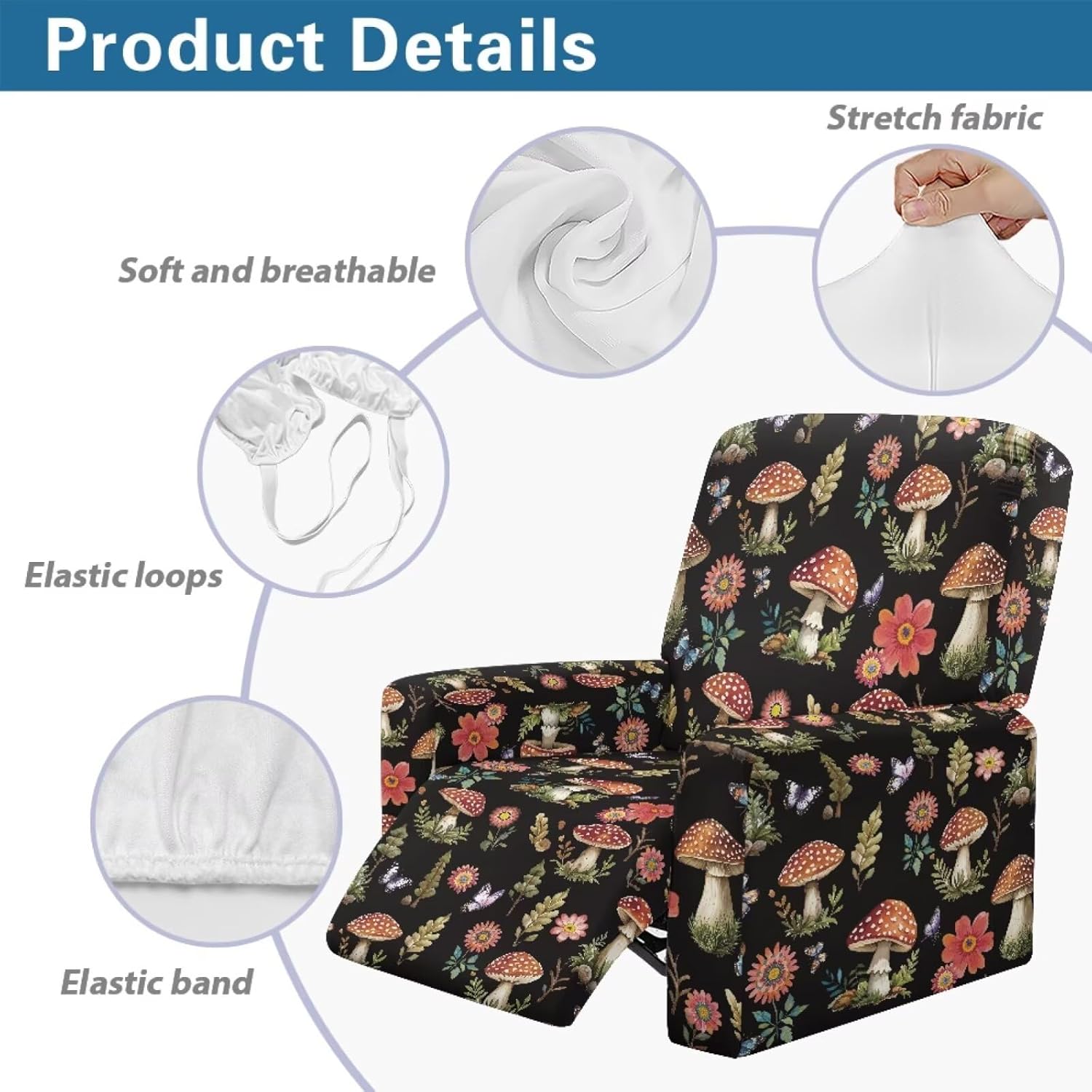 Mushroom Butterfly Flower Print Recliner Slipcover Reclining Chair Cover with Pocket Removable Fitted Couch Covers for Lazyboy Lounge Armchair Protector