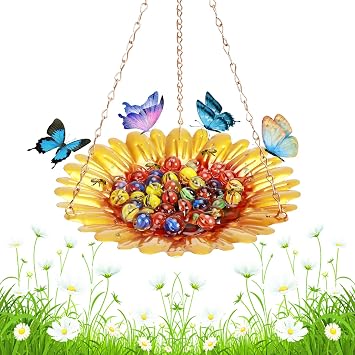 Bee Watering Station,Bee Cups for Garden with Vivid Sun-Flower Design,Multifunctional Hanging Bee Feeder with 40 Glass Beads,Butterfly Feeder,Bird Bath for Garden Yard Decor