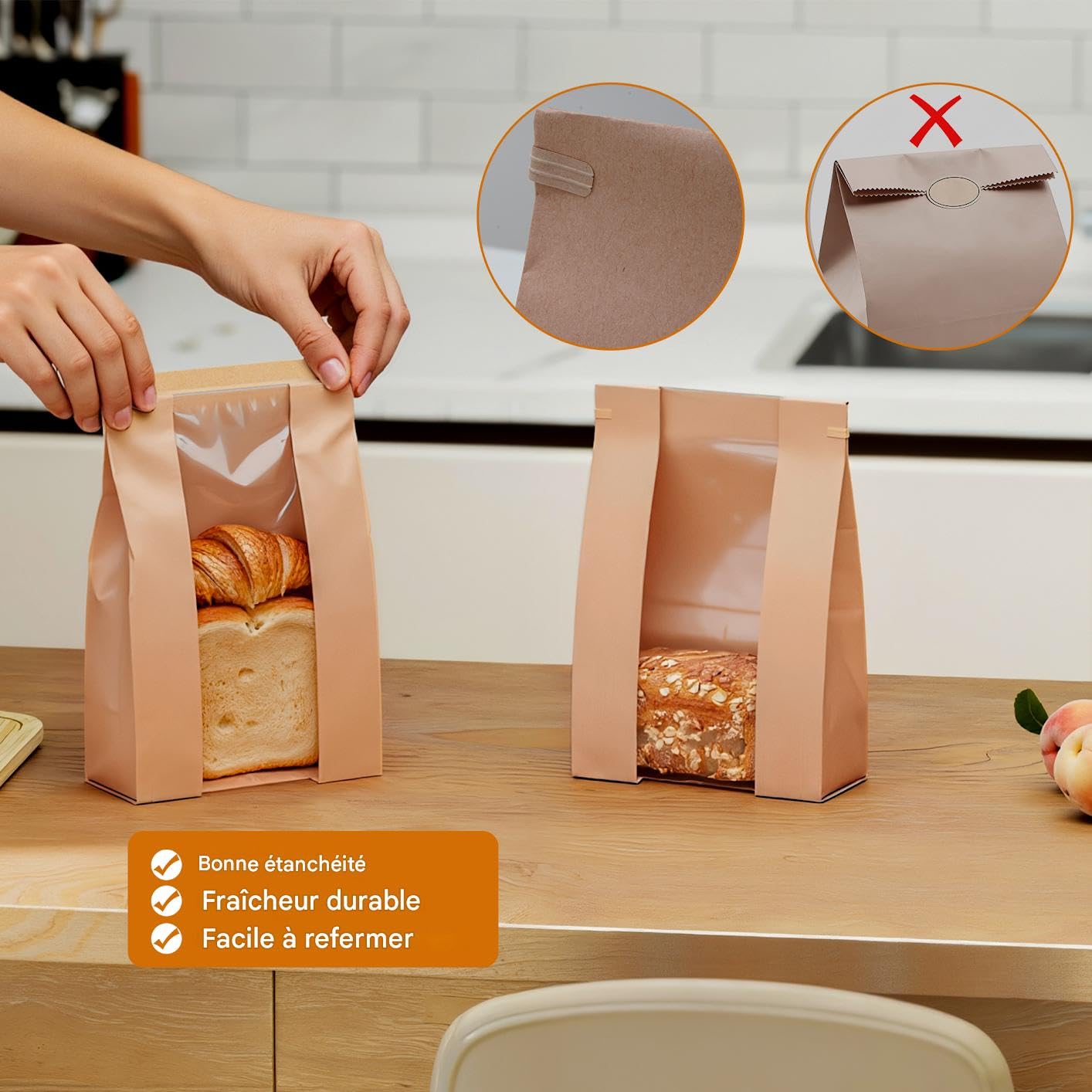 100 Lot Sacs à Pain en Papier Kraft avec Fenêtre Transparente, Grands Sacs de boulangerie 35x9x21cm avec Fermeture à Cravate en Étain et Autocollants pour Pain, biscuits, Friandises
