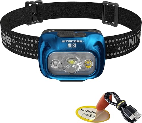 Nitecore NU31 - Linterna frontal LED de 550 lúmenes recargable por USB con haces blancos y rojos (azul)