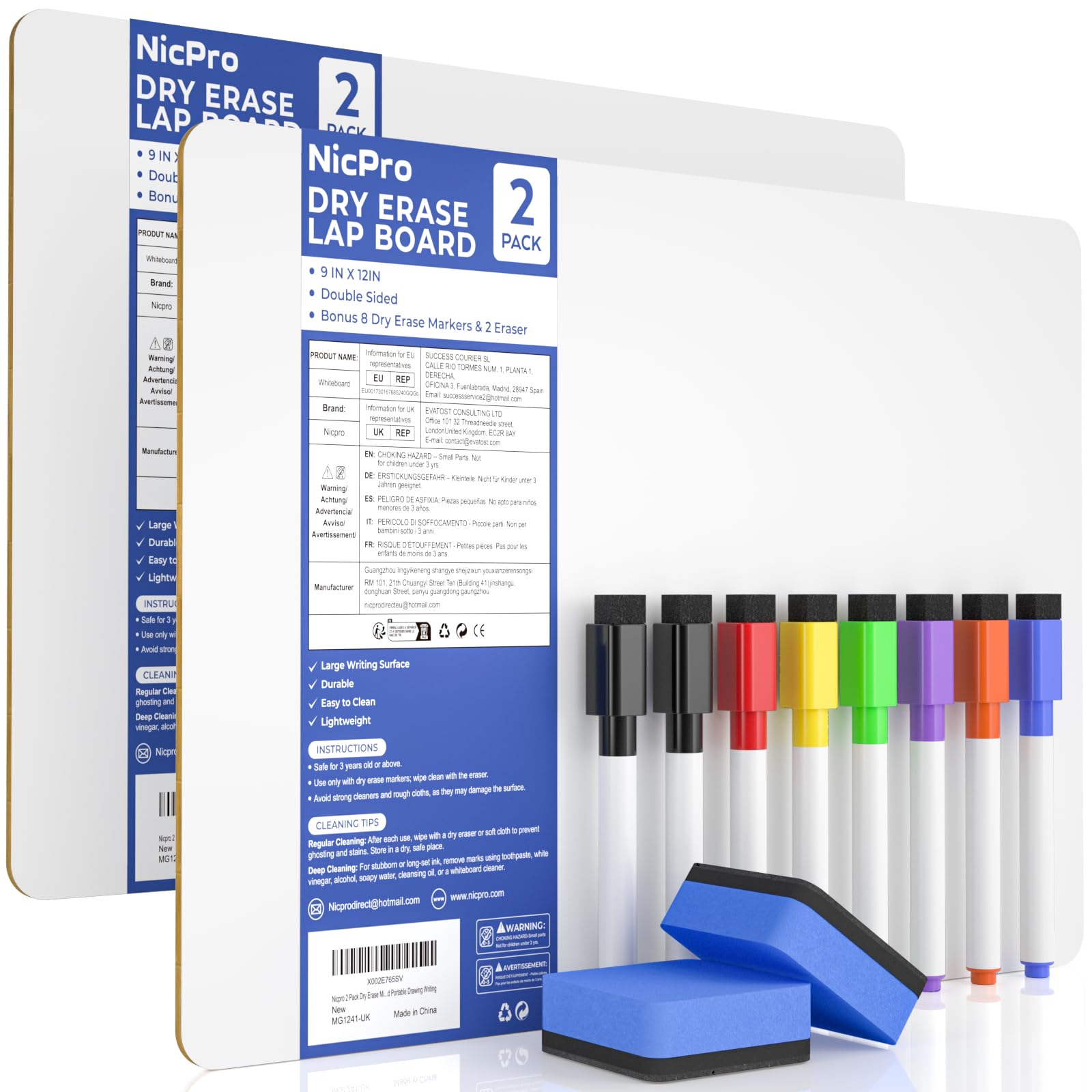 Nicpro 2 Pack Dry Erase Mini Whiteboard A4, 22 x 30 cm Double Sided Lapboard Bulk with 8 Water-Based Pens, 2 Erasers Learning Small White Board Portable Drawing Writing for Student and Classroom Use