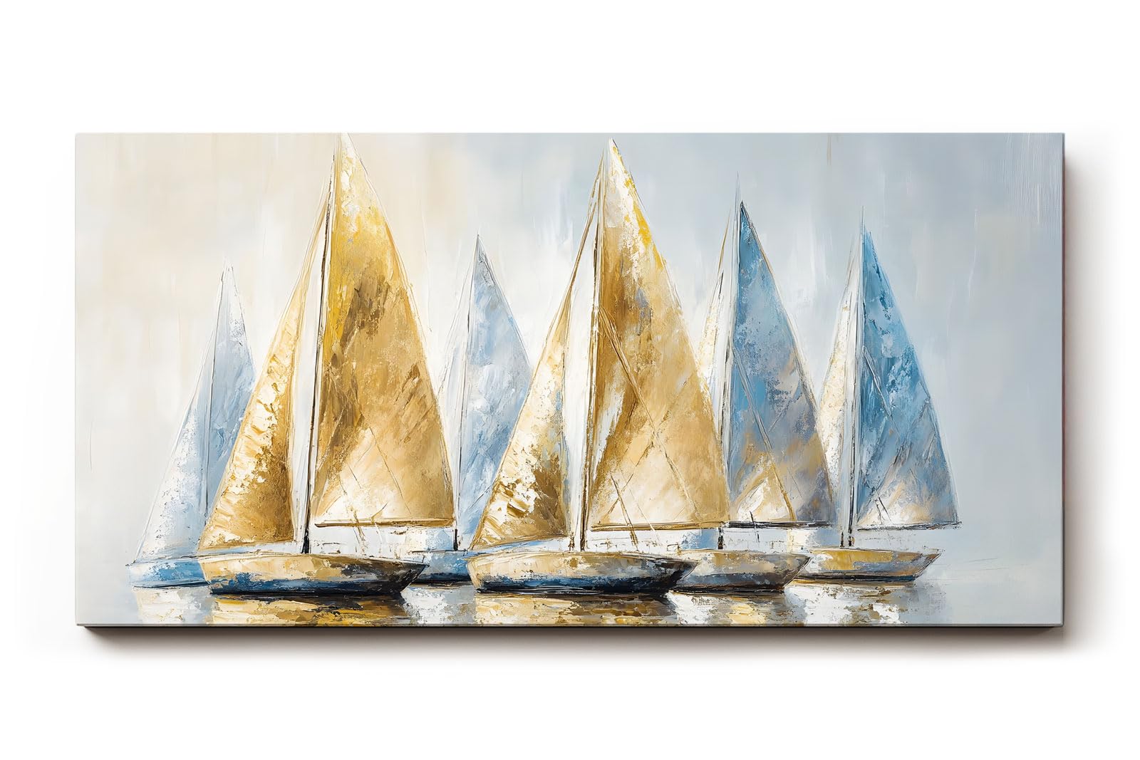 Sinus Art Wandbild 120x60cm Dynamisches Motiv mit sieben Segelbooten in Blau und Goldtönen – stilvoll und maritim zugleich