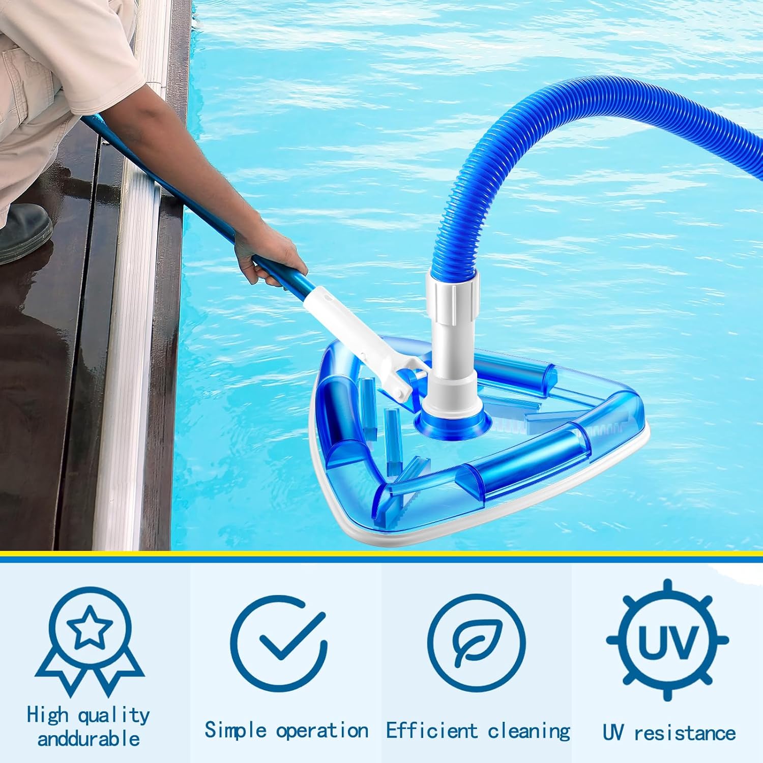 Qinyoung 2 Pcs Swimming Pool Cleaning Kit 1-1/4 Inch x 18 ft Pool Vacuum Hose with Swivel Cuff Triangular Weighted Pool Vacuum Head Connect 1-1/4" or 1-1/2" Hose for Above Ground Inground Pools, Blue