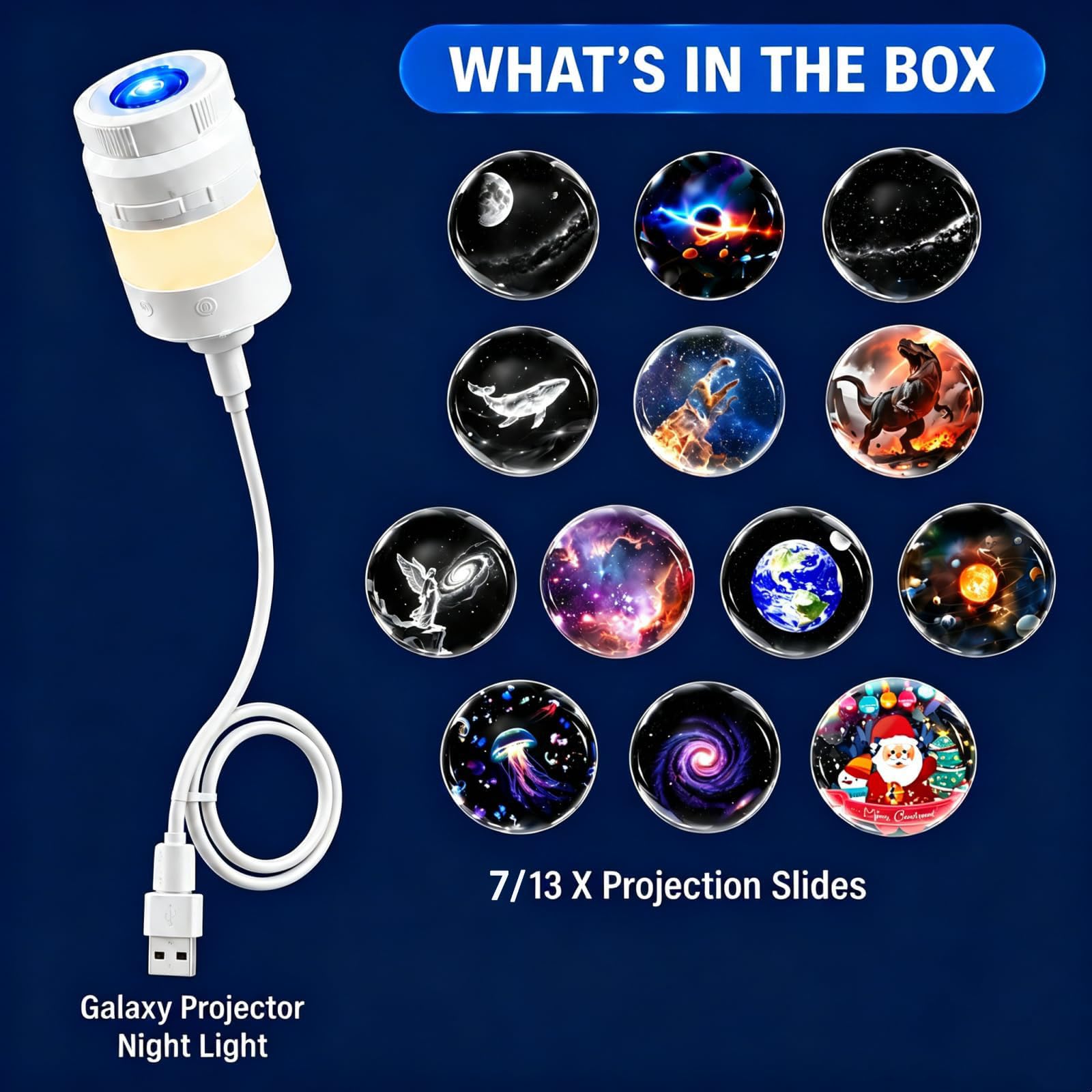 Galaxy Projector Night Light, Hd Smart Dynamic 5d Holographic Night Light Projector, USB Plug Star Projector 360° Adjustable Mini Ocean Projector for Bedroom Ceiling Wall (13 Projection Films)