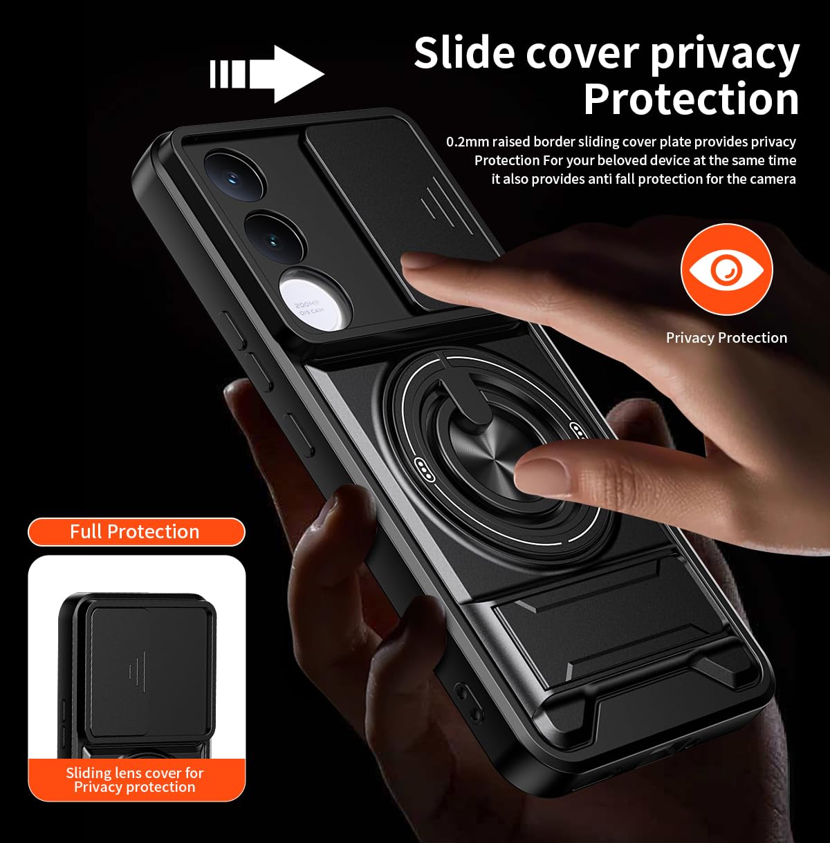 Custodia compatibile con vivo V70 FE [con 1 pellicola proteggi schermo] [custodia per fotocamera scorrevole 2 in 1, design con cavalletto magnetico] [custodia antiurto per telefono] nera