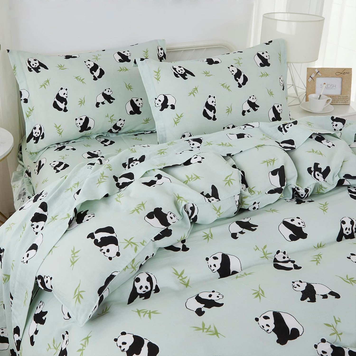 Brandream Queen Size Duvet Cover Set 100% Muslin Cotton Panda Green for Girls Boys Cute Kids Bedding Set 3 Pcs Ultra Soft Breathable Toddler Teen Children Patterned Cartoon Comforter Cover