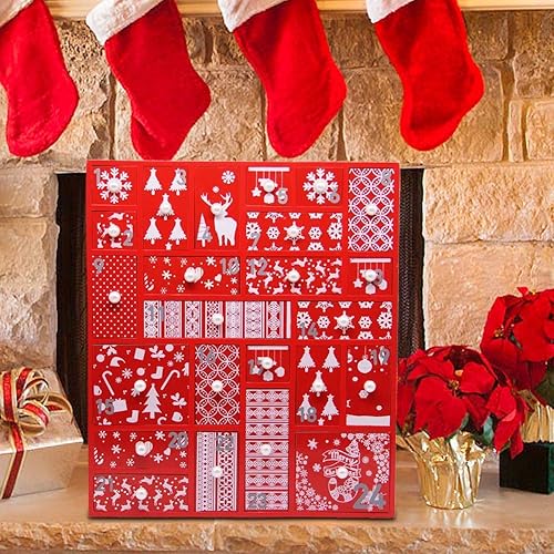 Miniatura 7 de Juegoal Calendario de Adviento rojo con 24 cajones cuenta regresiva para Navidad, Adviento de madera recargable, regalo de Navidad para niños, 15