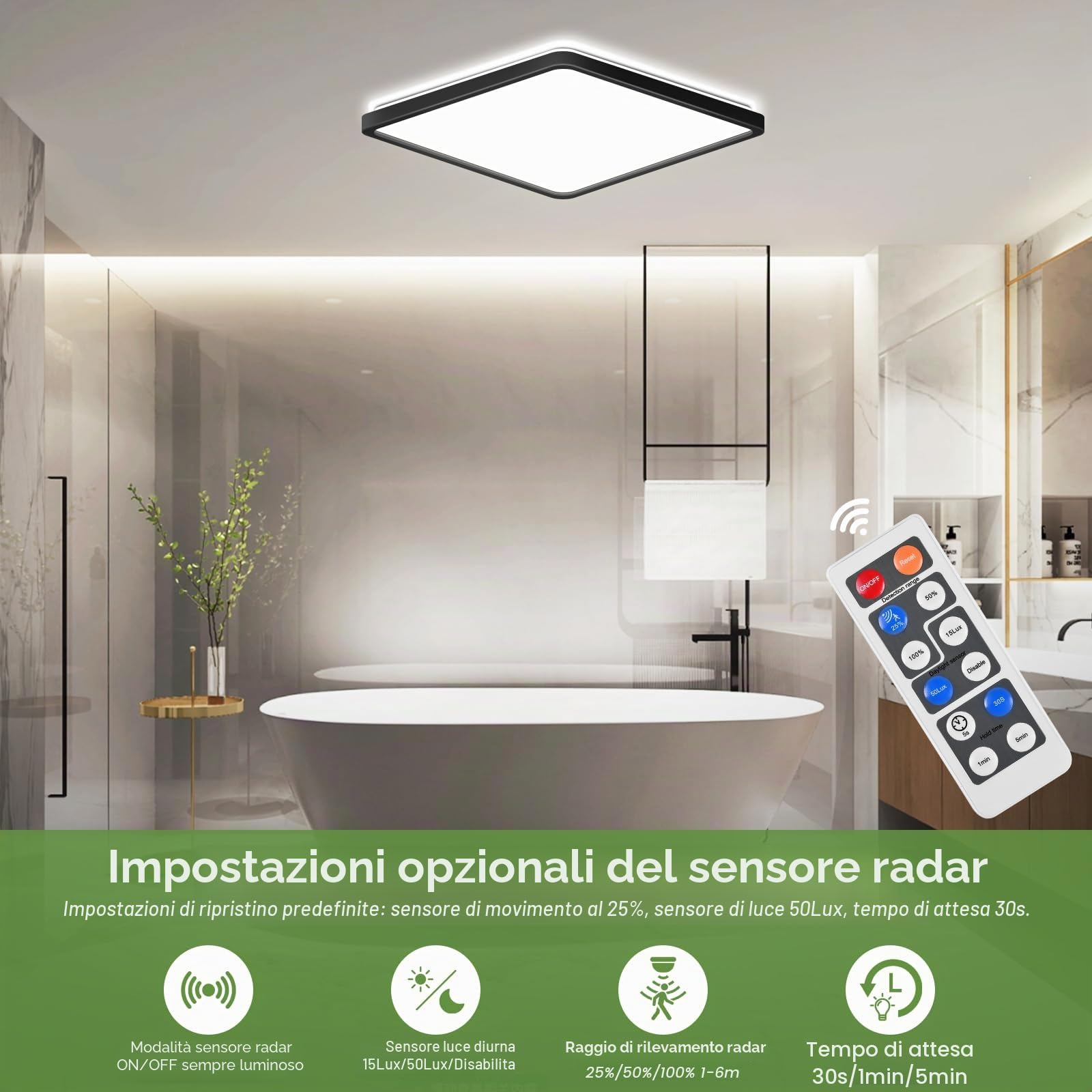 LEZOE Plafoniera LED con rilevatore di movimento, LED Radar lampada Sesor 24W 2400LM dimmerabile, sensore 3000K/4000K/6500K IP54 per bagno, garage, scale, cantina, corridoio, balcone 30x30x2,5 cm
