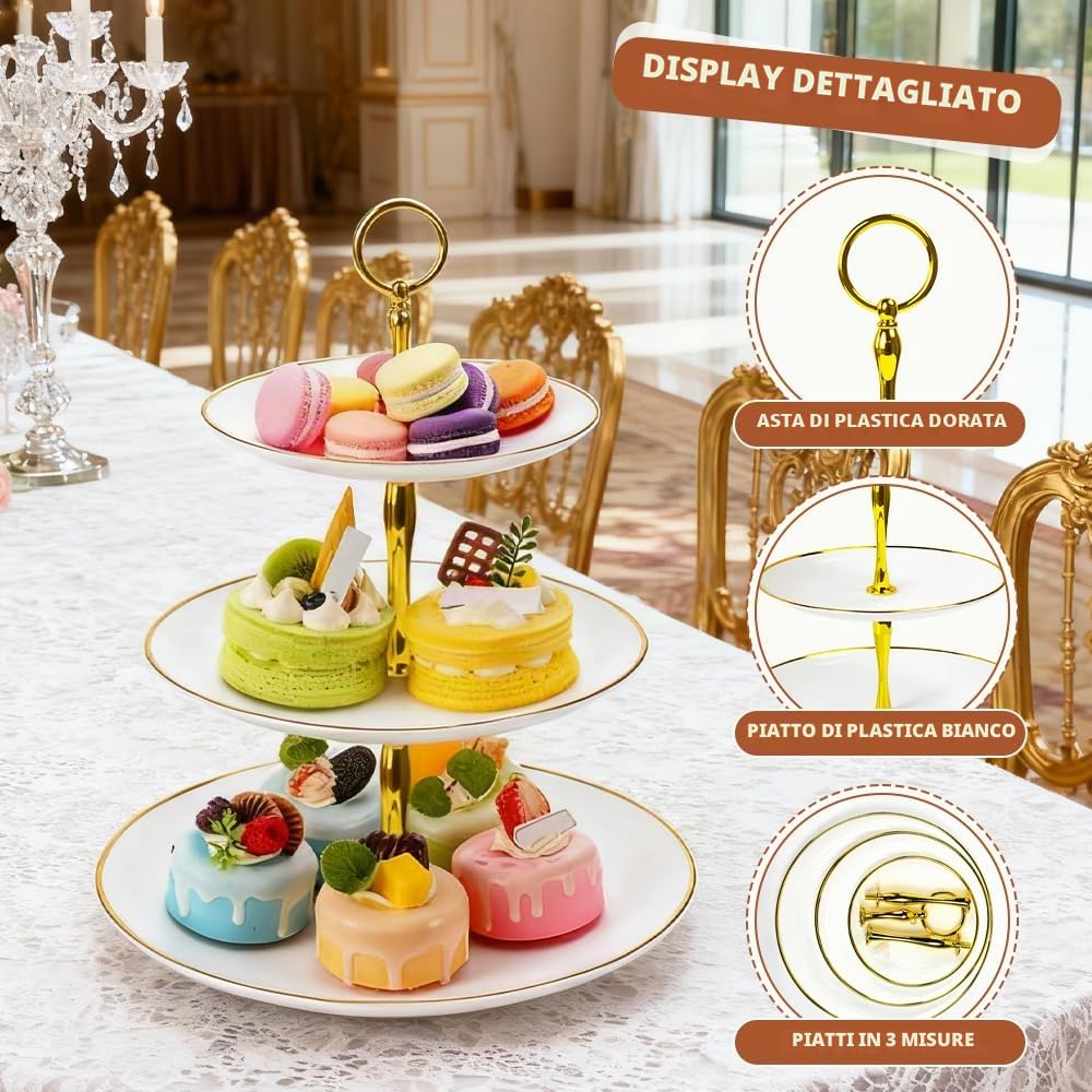 2 Pz Alzata per Cupcake a 3 Ripiani,Supporti per Torte a 3 Livelli in Plastica,Portata per Torte a 3 Piani,Alzatine per Dolci per Servire Cupcake, Frutta, Cioccolatini