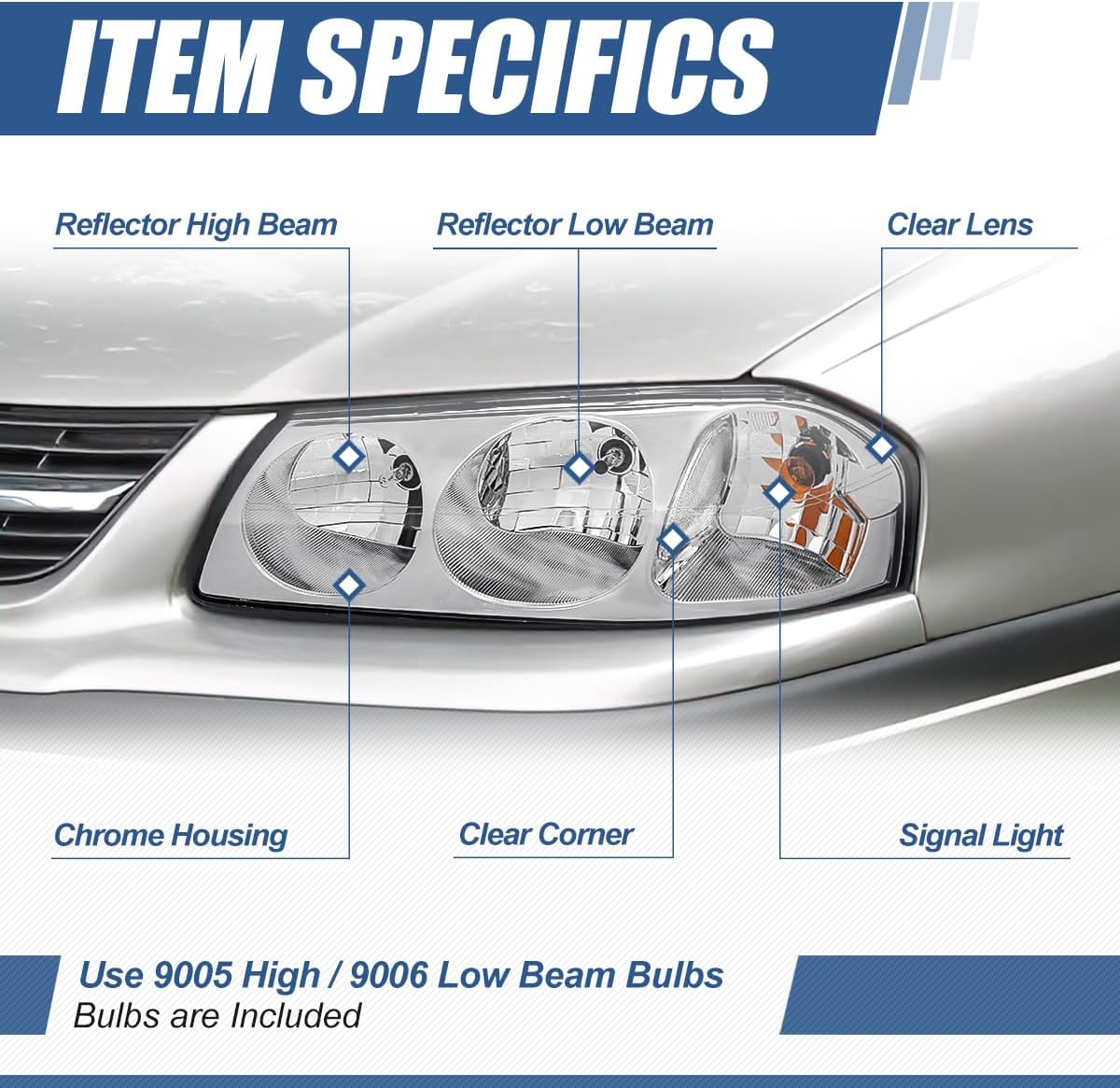 Auto Dynasty Headlights Assembly Compatible with 2000-2005 Chevy Impala 8th Gen, Driver and Passenger Side Halogen Headlamps Replacement, Chrome Housing Clear Corner