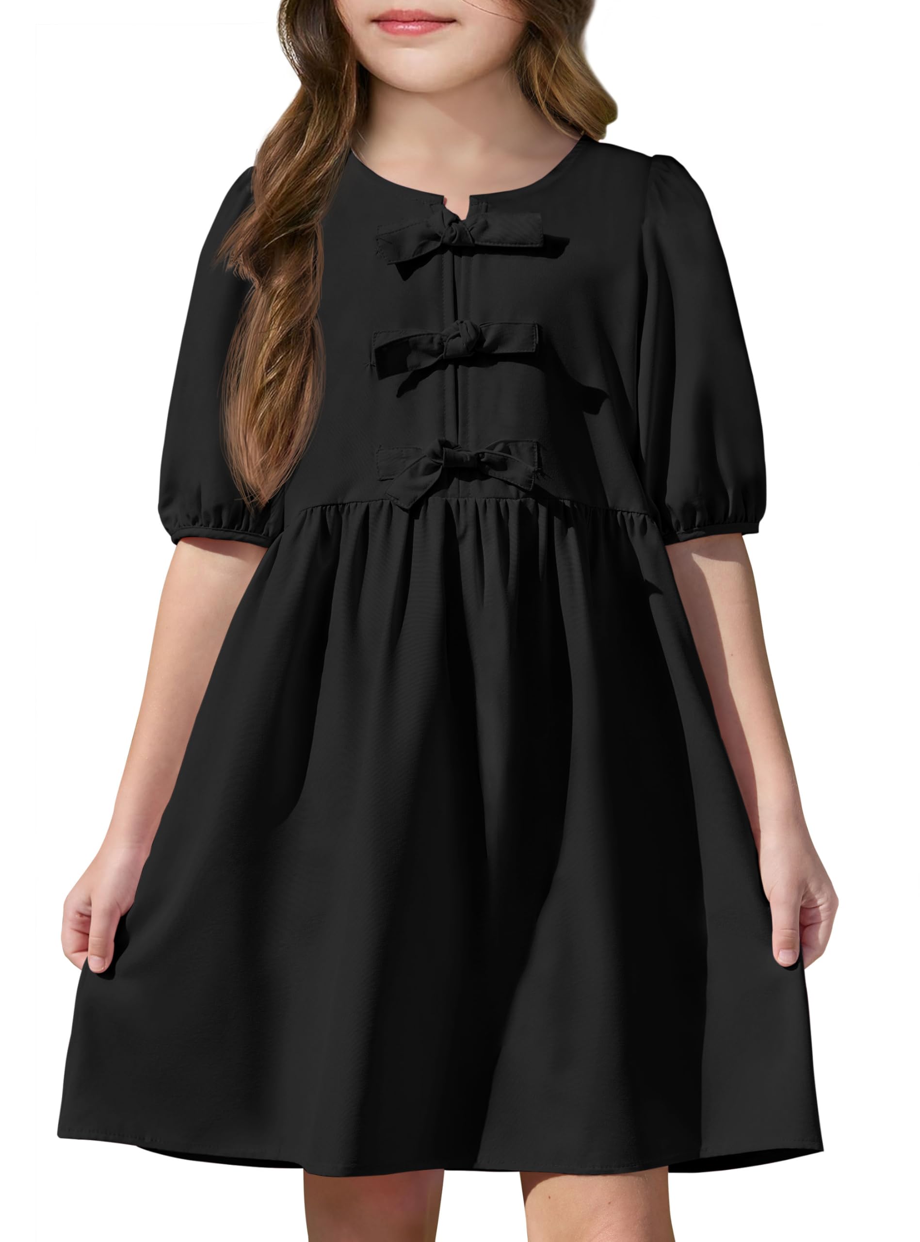 Yousify Girls Summer Dresses Cute Toddler Puff Short Sleeve Dresses A-Lined Flowy Trendy Bow tie Mini Dress Kids Outfits