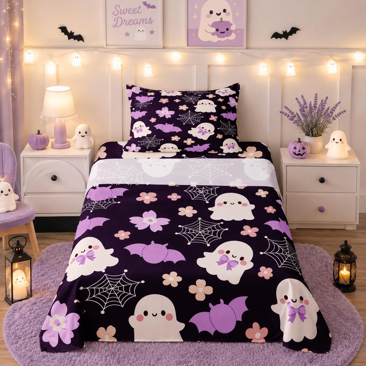 Feelyou Halloween Decor Bed Sheets Set Twin Size Cute Ghost Bed Set for Kids Boys Girls bat Deep Pocket Fitted Sheet Breathable Soft Lightweight Microfiber
