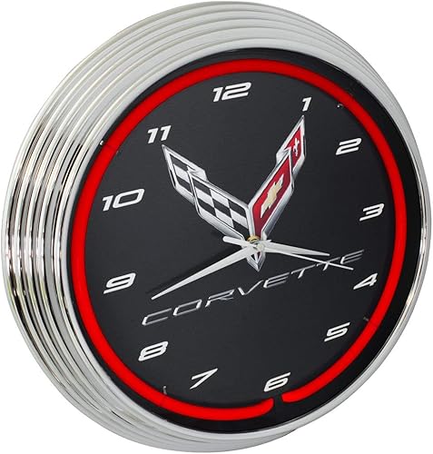 Blue Oval Industries Corvette C8 - Reloj de pared de neón con luz roja, 15 pulgadas