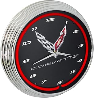 Corvette C8 Next Generation Red Neon Clock 15 Inch Diameter with Chrome Rim and Red Glass Tube - 8CORV8