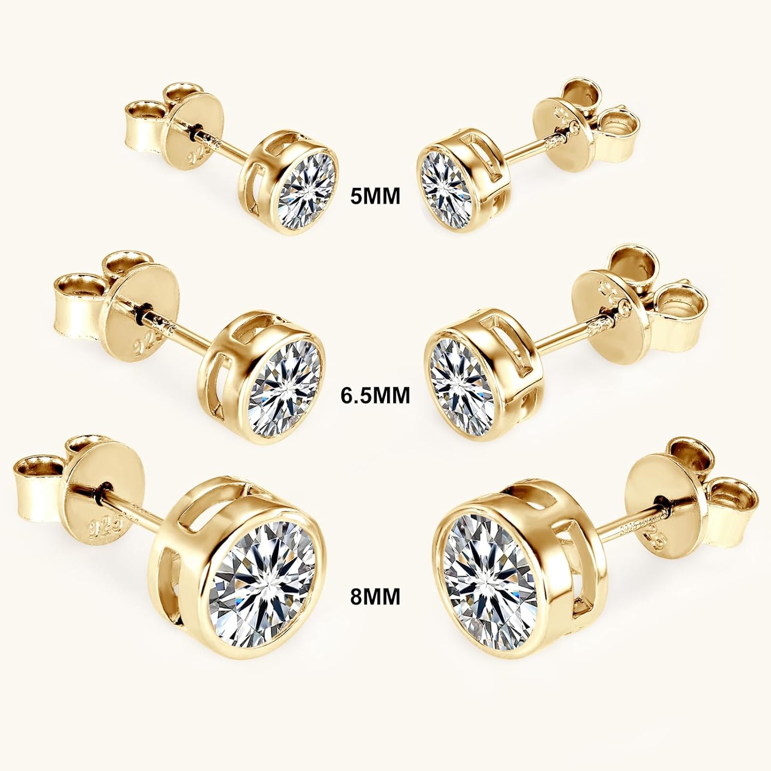 Moissanite Stud Earrings, 1ct D Color VVS1 Round Cut Earrings, 18K Yellow Gold Plated 925 Sterling Silver Bezel Stud Earrings for Women and Men (Gold) - Image 4