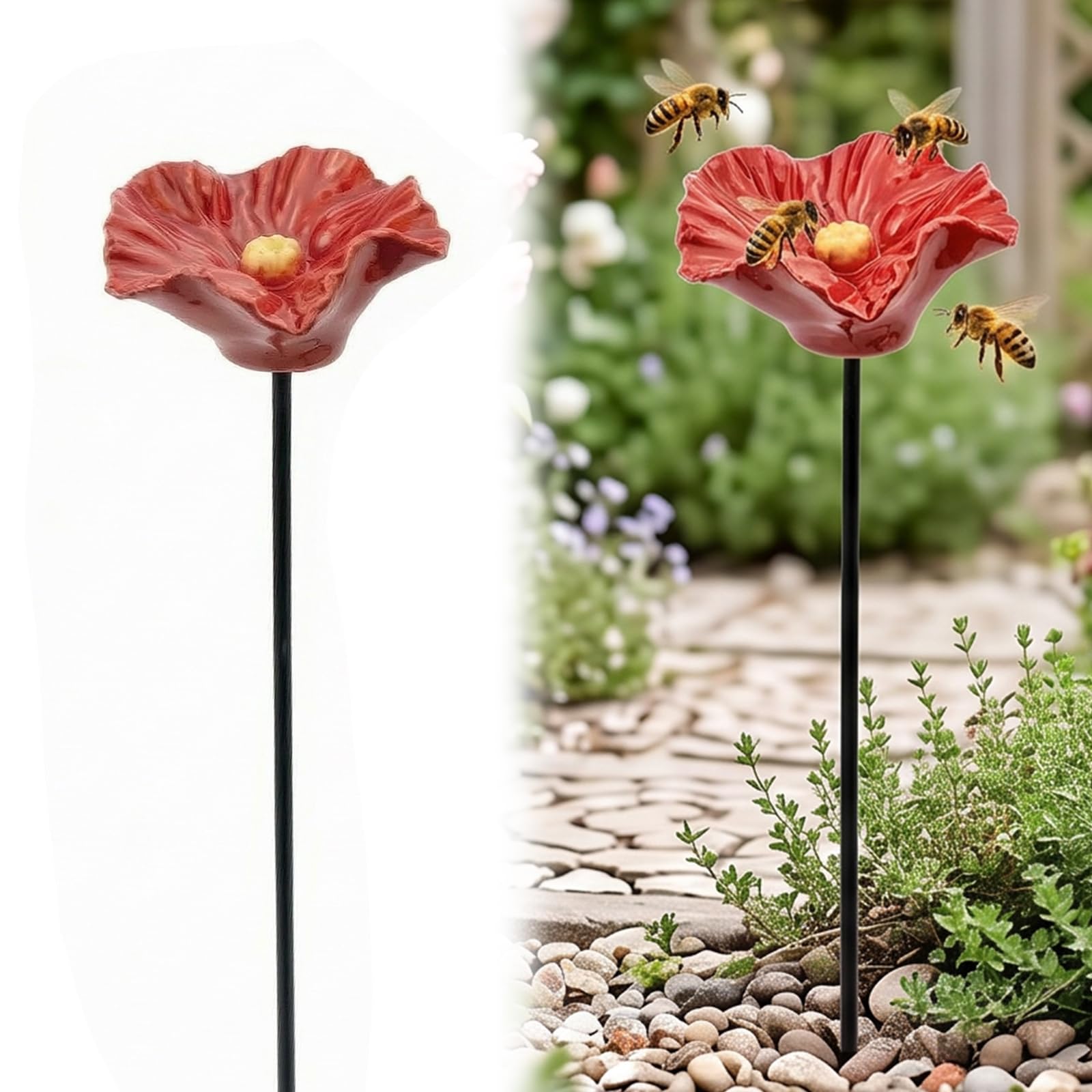 Ceramic Bee Watering Station for Garden, Handmade Mini Pollinator Watering Station, Colorful Flower Bee Water Feeder & Butterfly Bird Bath, Small Outdoor Garden Stake Yard Art Decor Gift