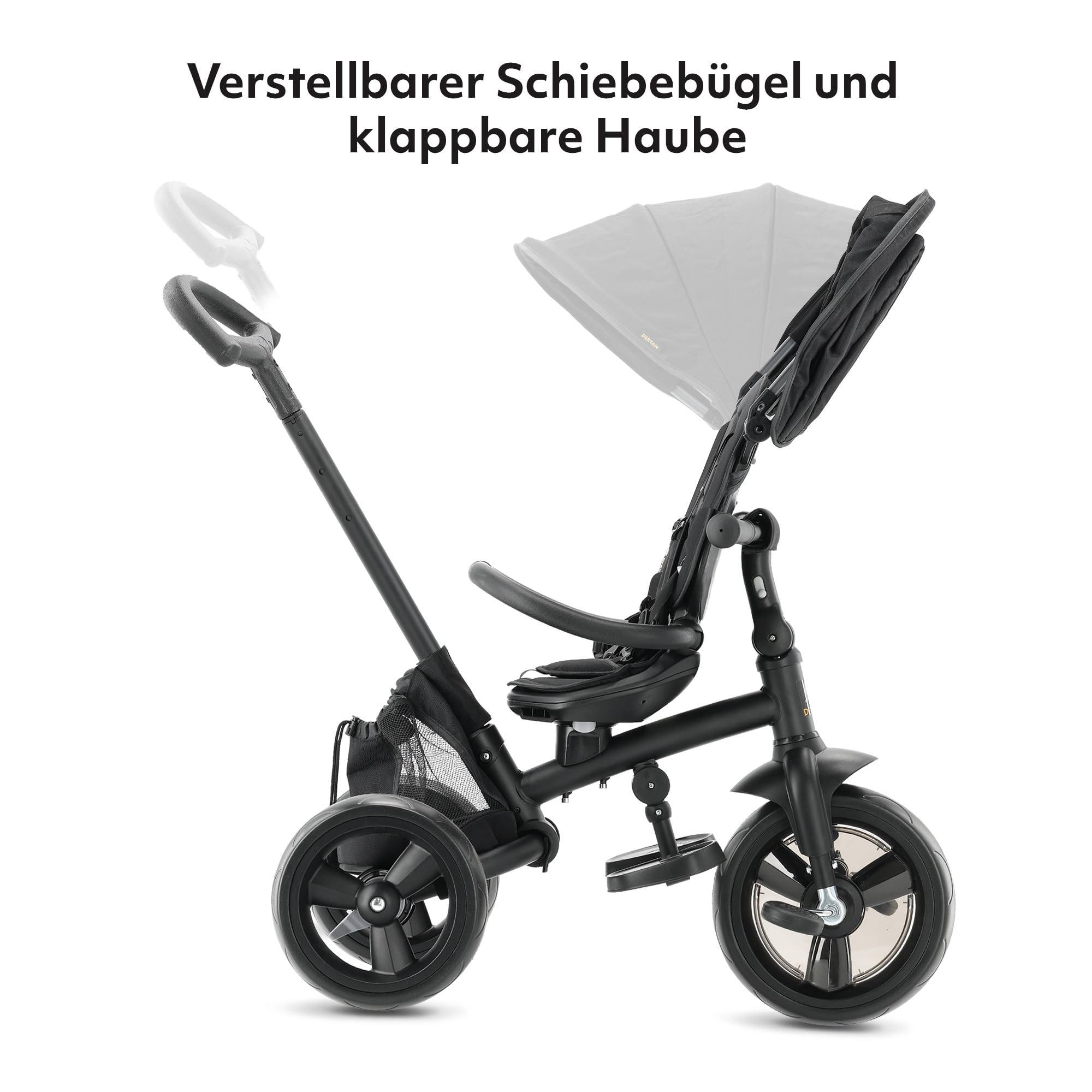 Deryan Explorer Dreirad ab 9 Monate bis 25 kg - Kinderdreirad mit schubstange - Kompakte zusammenklappen - drehbarer Sitz Vorwärts und Rückwärtsfahrt - ausklappbarem Verdeck mit sonnenschutz - Schwarz