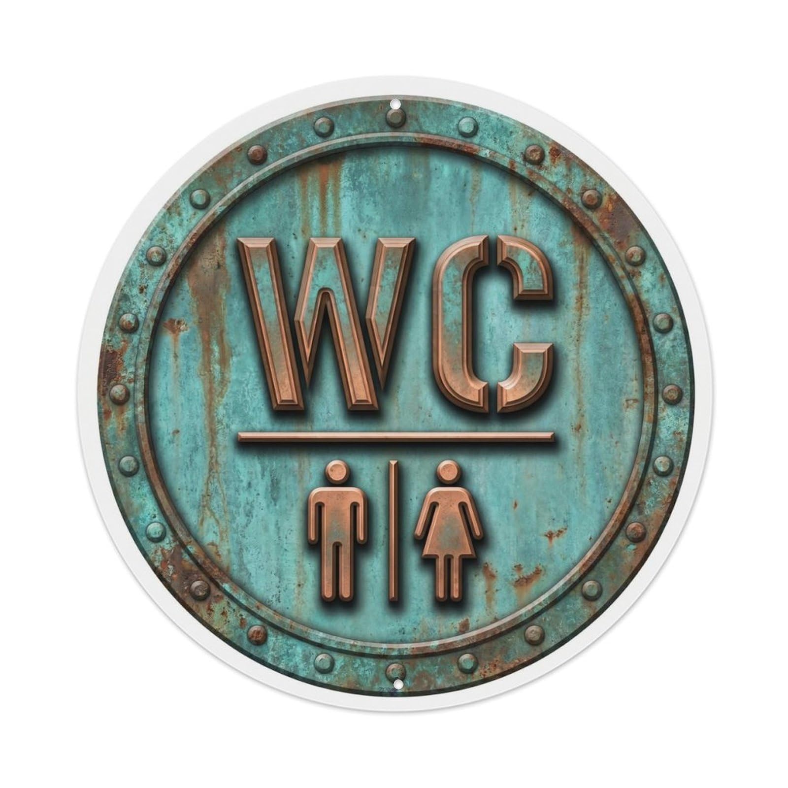 Toilet （WC） Vintage Copper Verdigris Ornament Metal Tin Sign Plaque Wall Decor for Cafe, Club Bar, Office, Home Garden Round Metal Poster 8x8Inch