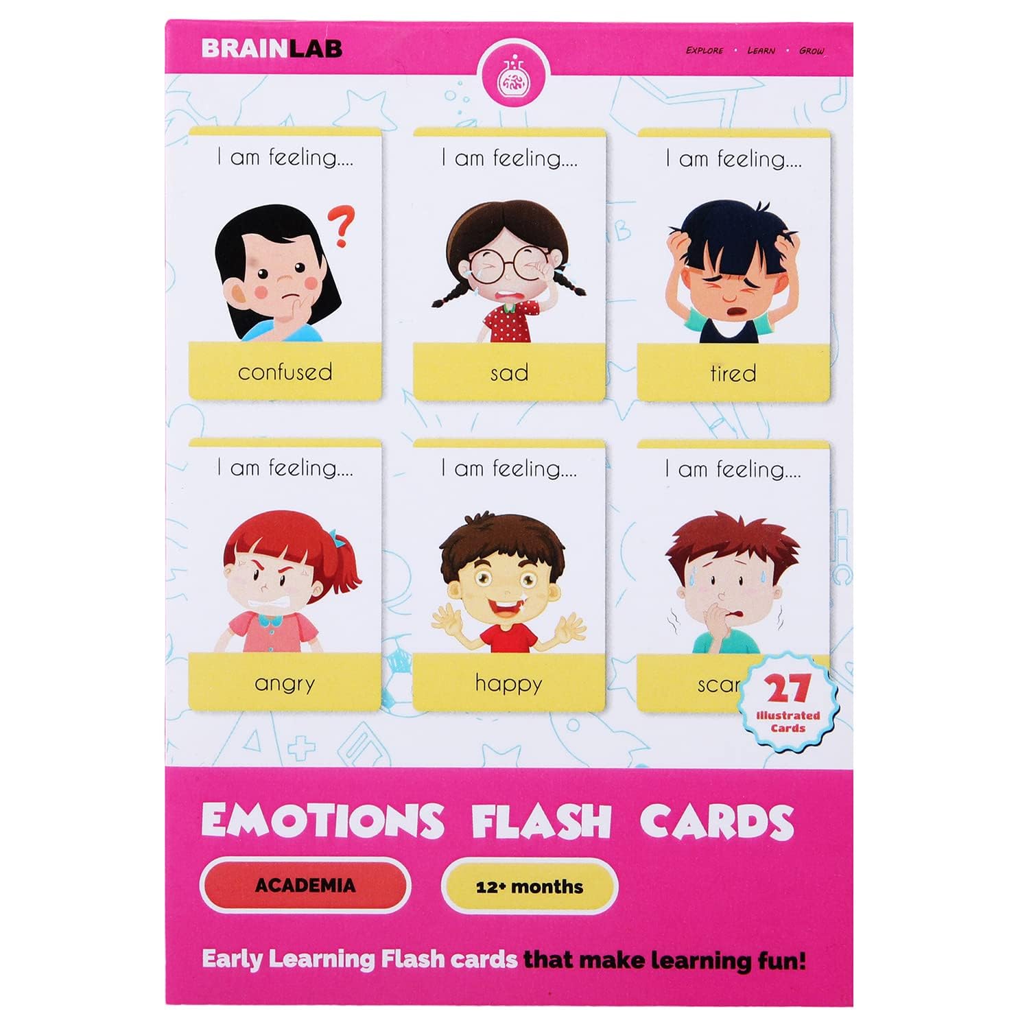 Emotions Flash Cards for Kids, 27 Illustrated Cards, Educational Learning Set, Pink Yellow Turquoise, Paper, 12+ Months, Visual Learning Cards