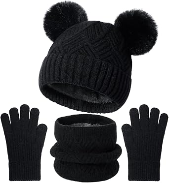 Kids Winter Hat Gloves Scarf Set - Girls Toddler Hats Beanie, Children Thick Neck Scarf, Kids Warm Toddler Gloves