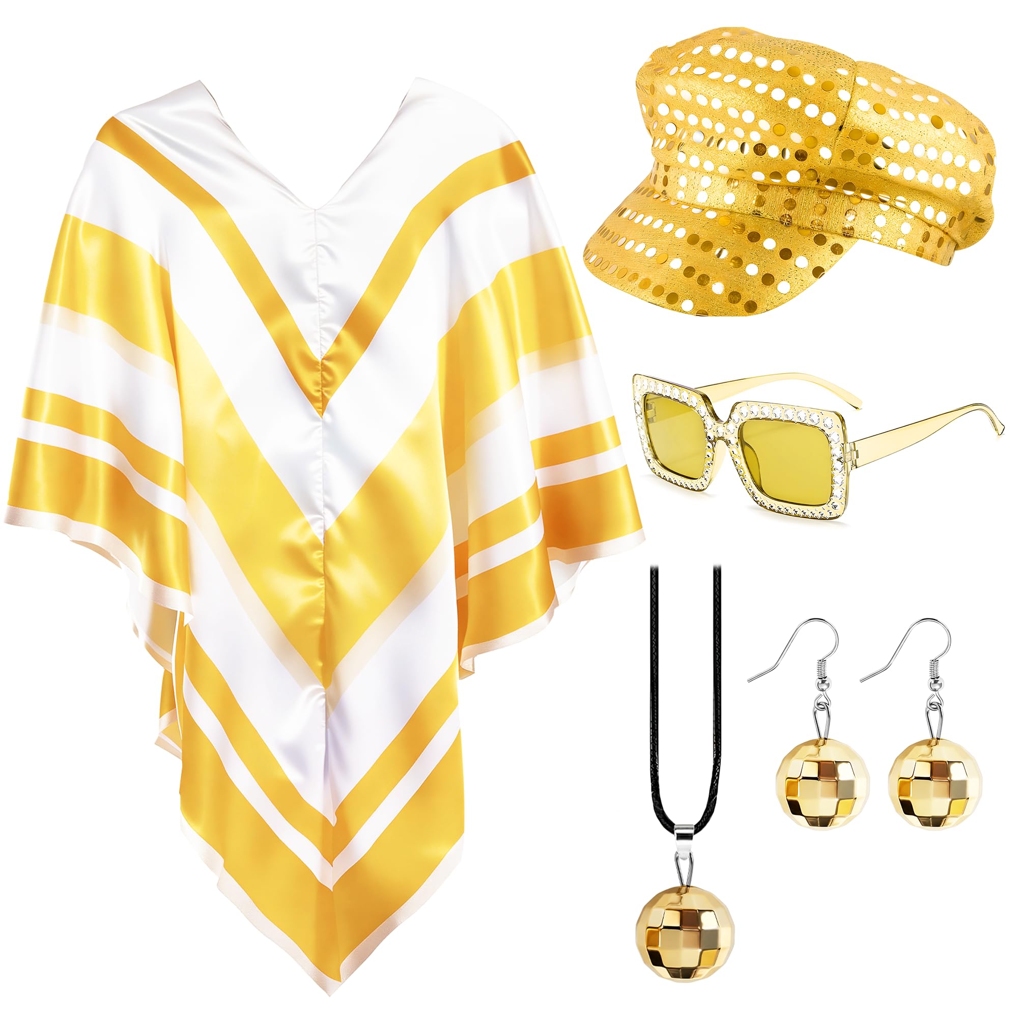 Bryndo 5 Pcs 70s Fancy Dress Set for Women, Disco Costume Accessories with Abba Pop Poncho Sequin Beret Hat Square Bling Sunglasses Earrings Necklace for 70s Theme Party Dress Up (Golden) — image 1