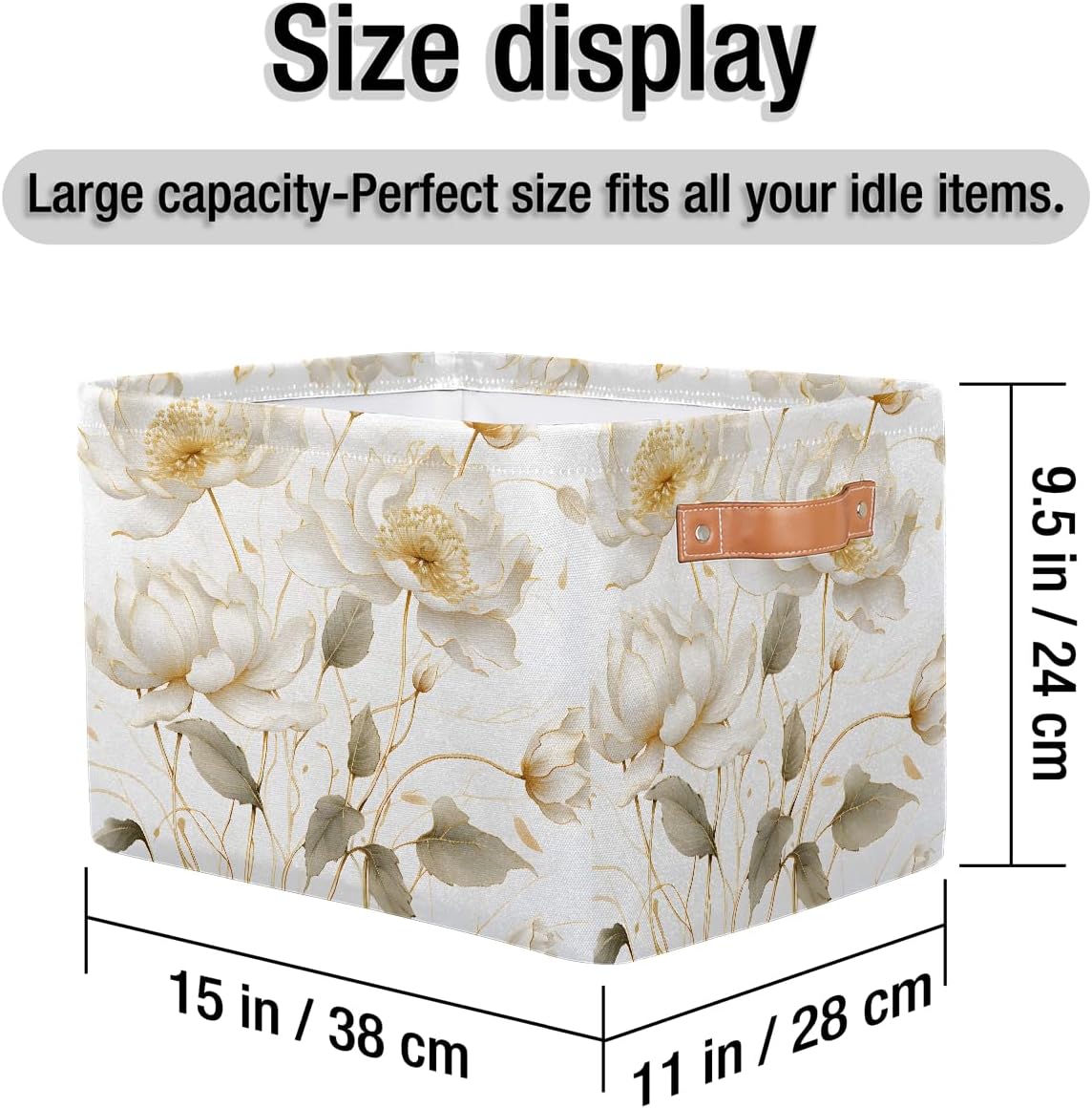 Rectangular Storage Basket White Flower Decorative Storage Bins Boxes Collapsible Cubes Organizer with PU Leather Handles for Home Organization