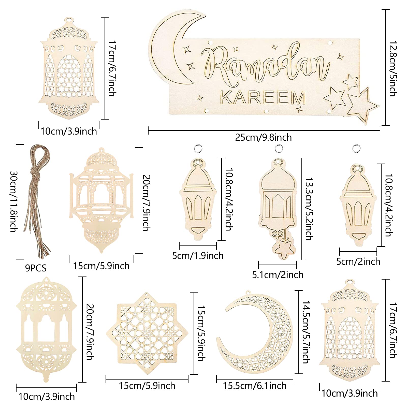 Mecctuck 9 stuks ramadan decoratie, ramadandecoratie, houten hanger, Ramadan Mubarak decoratie, islamitische decoratie, maan, ster, hanger voor Ramadan Mubarak Eid feestdecoratie