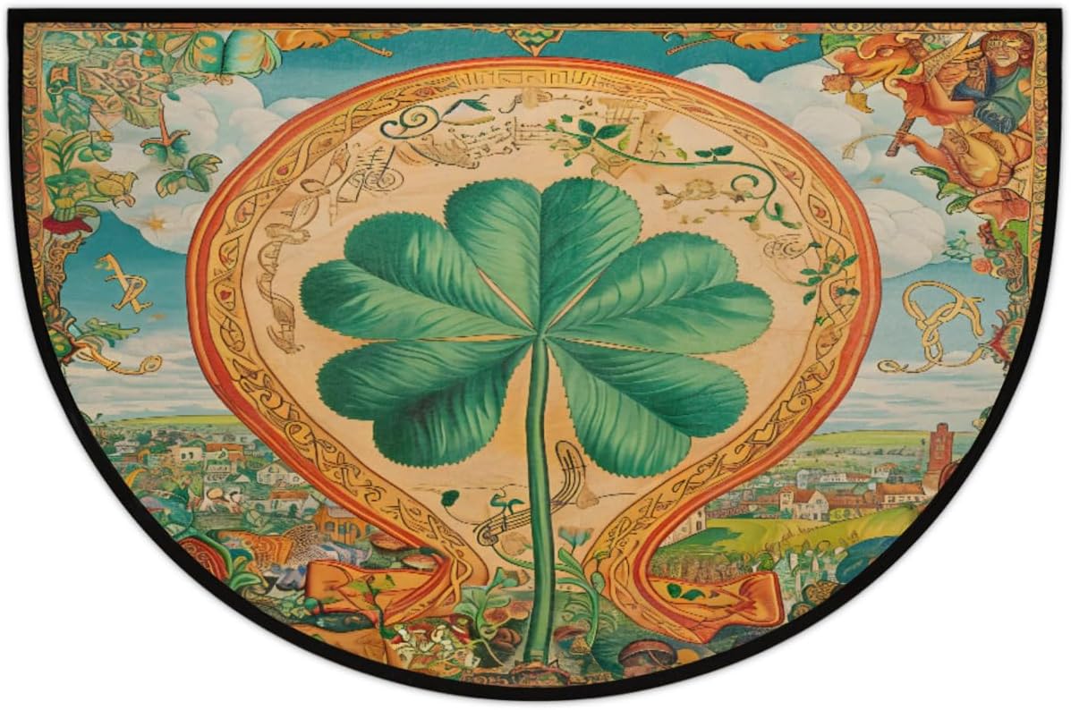 Clover Floral Vintage Colorful Half Round Door Mat Non-Slip Welcome Entryway Soft Area Rug Absorbent Bathroom Rugs Wear Resistant Indoor Kitchen Mats 24 x 36 in for Home Deck Patio Garage