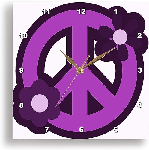 3dRose Wall Clock Silent - 15 inch - Purple Peace Sign with Purple Flowers - Sixties Retro