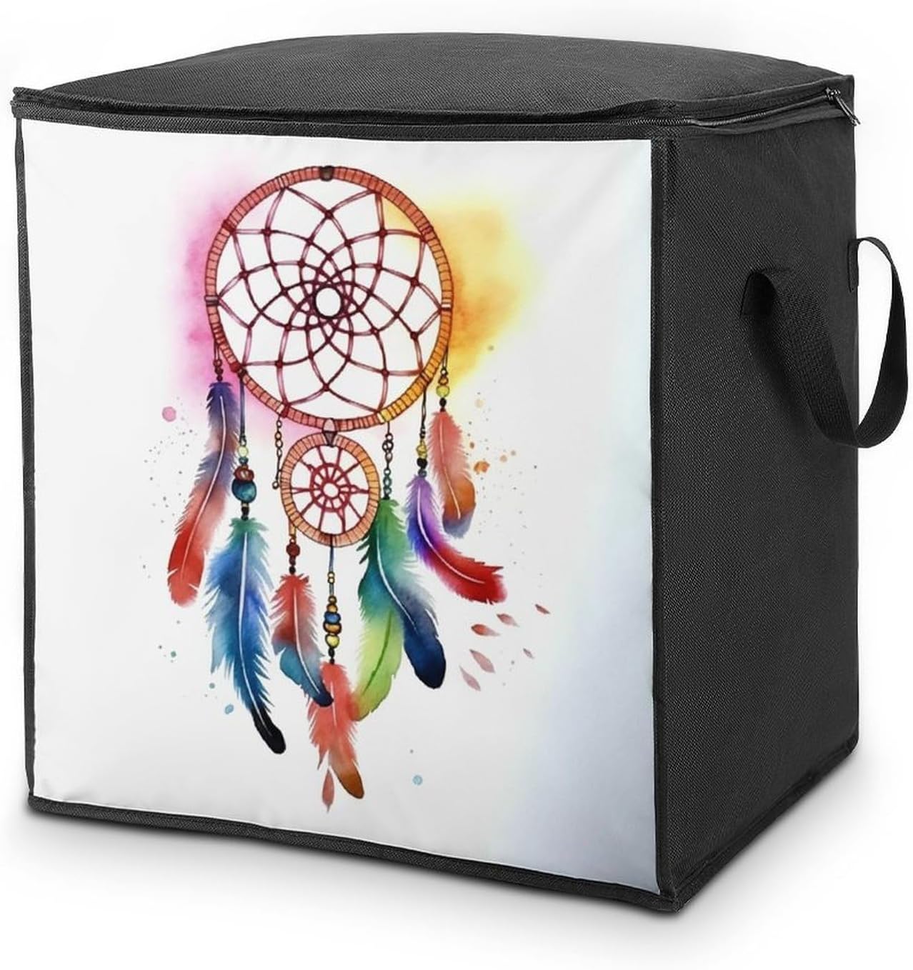 Portable Quilt Storage Bag,Watercolor Dream Catcher Printed Foldable Wardrobe Storage Box Foldable Storage Bag with Lids And Handle Large Clothing Storage Bag for Comforters Clothes Blankets Pillows
