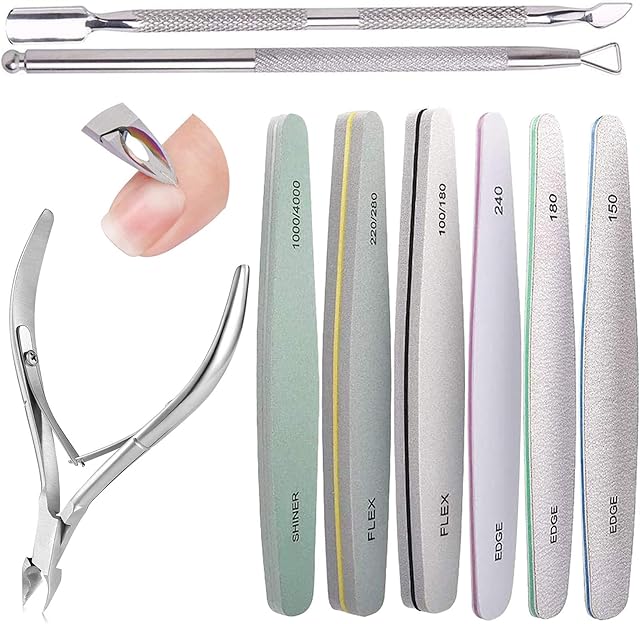 Nail Files, 6 Pcs Professional Nail File and Buffer Double Sided Emery Boards, Cuticle Nippers and Cuticle Pusher Manicure Tools Set for Gel Nail Art Fingernails Toenails (8")