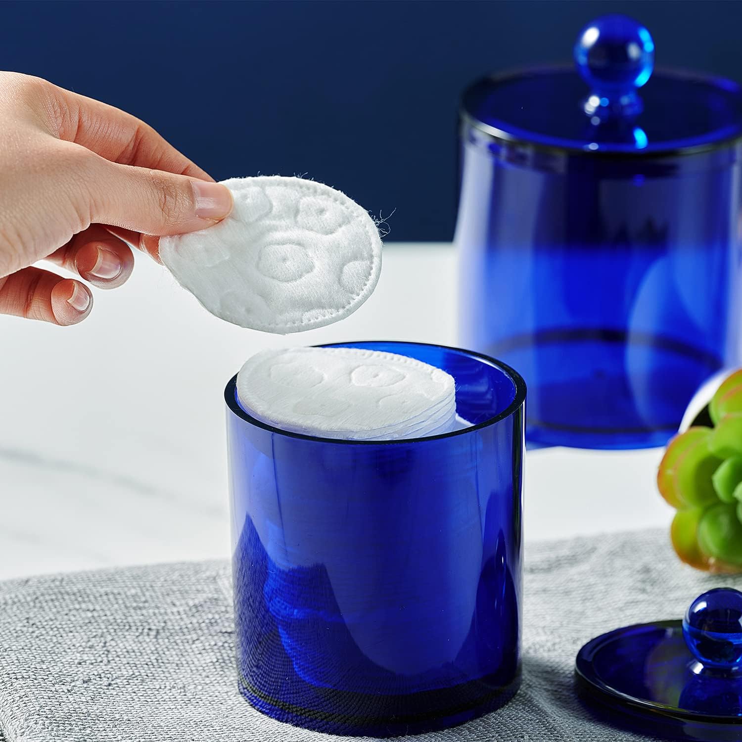 Qtip Holder Bathroom Set with Tray(4PCS) - 3 Pack of 15oz Acrylic Plastic Apothecary Jars Qtip Dispenser Canister with Lid and Labels, 1 Pack Bathroom Vanity Tray, for Cotton Ball, Cotton Swab (Blue)