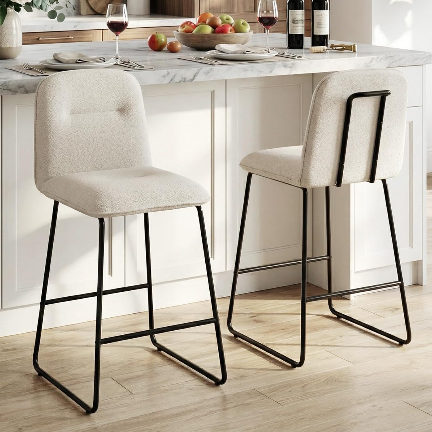 Bar Stools Set of 3, 26" Counter Height Bar Stools with Back, Modern Linen Fabric Upholstered Barstools with Metal Frame & Footrest for Kitchen Island, Home Bar,Beige