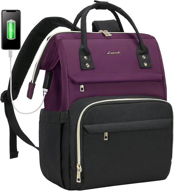 LOVEVOOK Laptop Backpack Women 15.6 inch, Work Bags for Women, School Computer Bag with USB Port for Business College Travel, Laptop Rucksack for Teacher Nurse,PurpleBlack