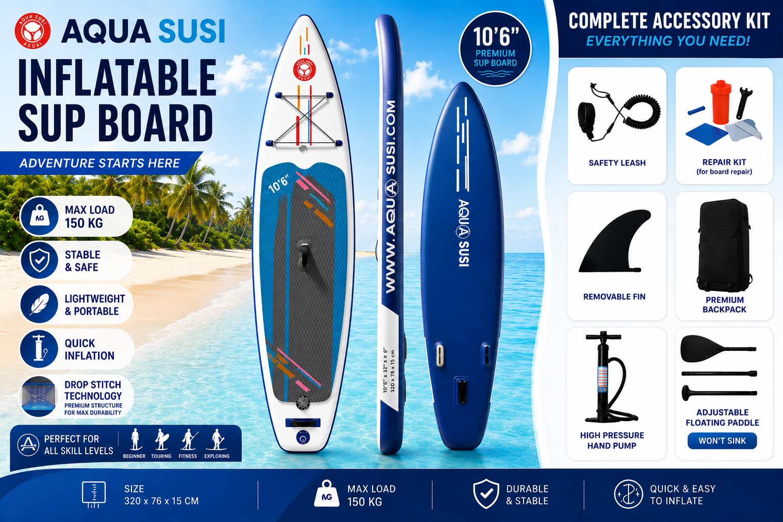 Deska SUP AQUA SUSI pompowana paddle board 320 x76x15 cm Technologia Drop Stitch