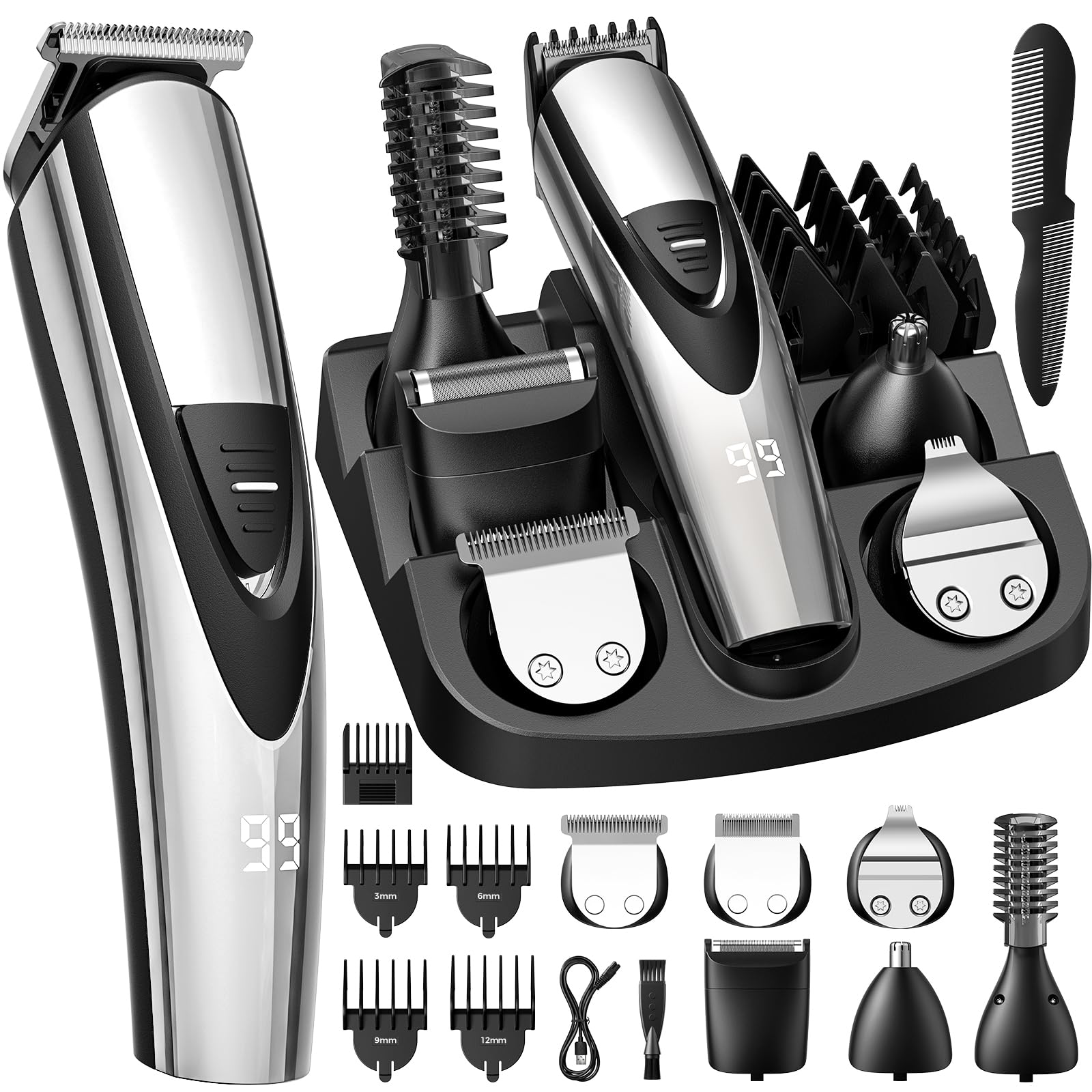 SHPAVVER Beard Trimmer for Men: Professional Barber Hair Clippers - 12-in-1 Cordless Grooming Kit - Waterproof Electric Razor with Turbo Speed & Precision Blades, Silver