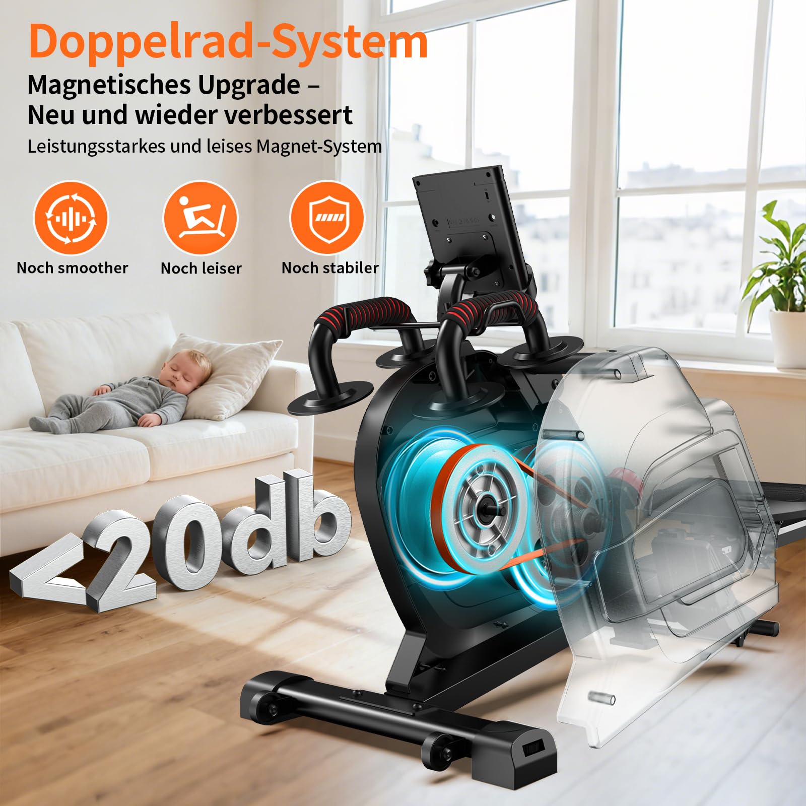pooboo Magnetisches Rudergerät, Rudergerät für Zuhause mit Kombinationskraftübung, Leises Magnetrudergerät mit 14 Widerstandsstufen, Tablet-Halterung, klappbarer Ruderer für Heimgebrauch, Bis 163,3 kg